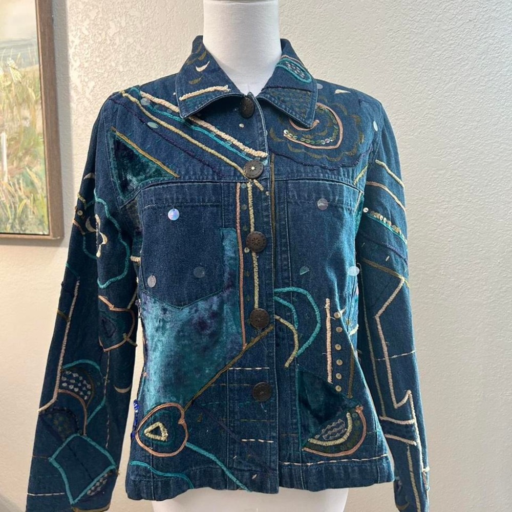 Life Style Velvet Artsy Patchwork Sequin Embroidered‎ Denim Jacket - Size M